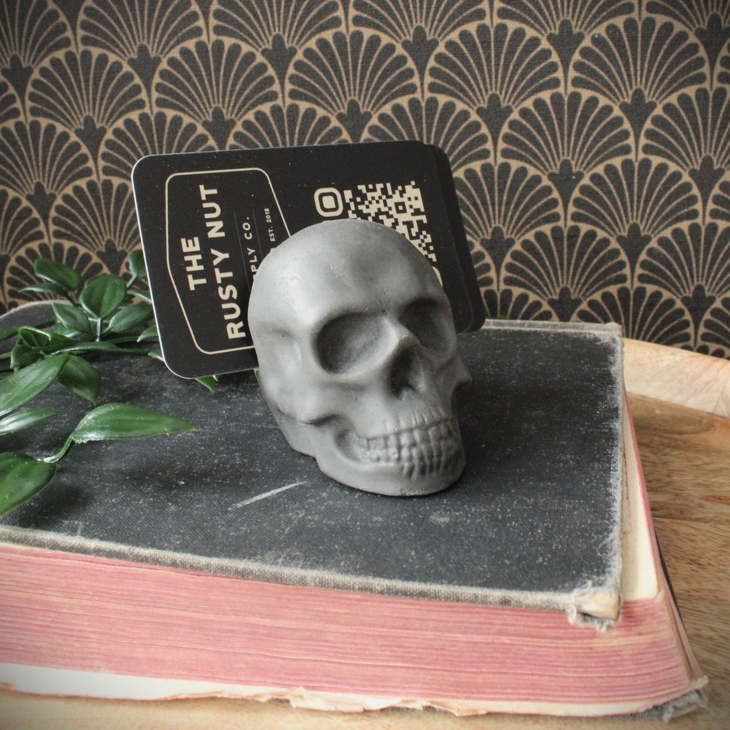 grey cast stone skull business card holder. Sitting on a vinage book with datk background