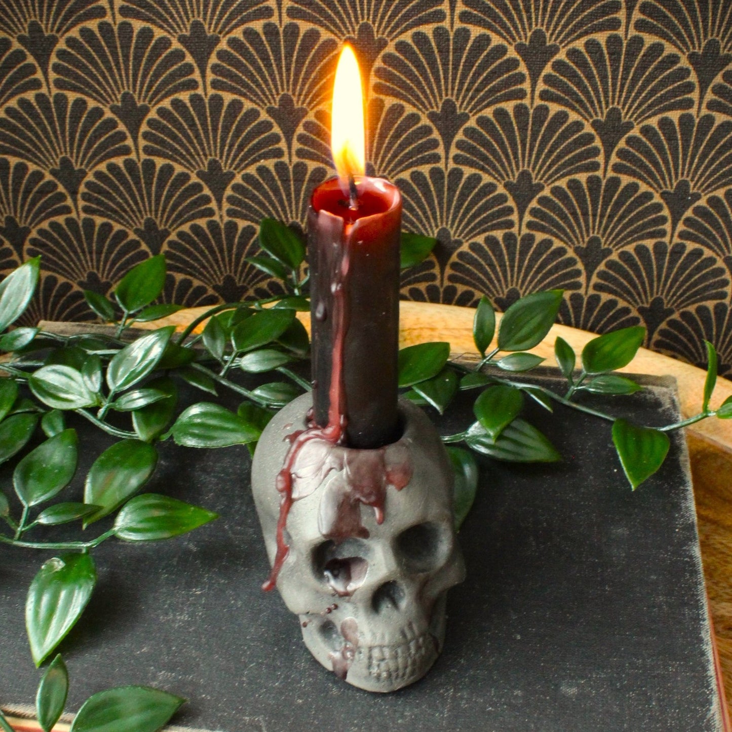 Skull Candle Holder – cast stone taper holder – gothic glow for dark interiors