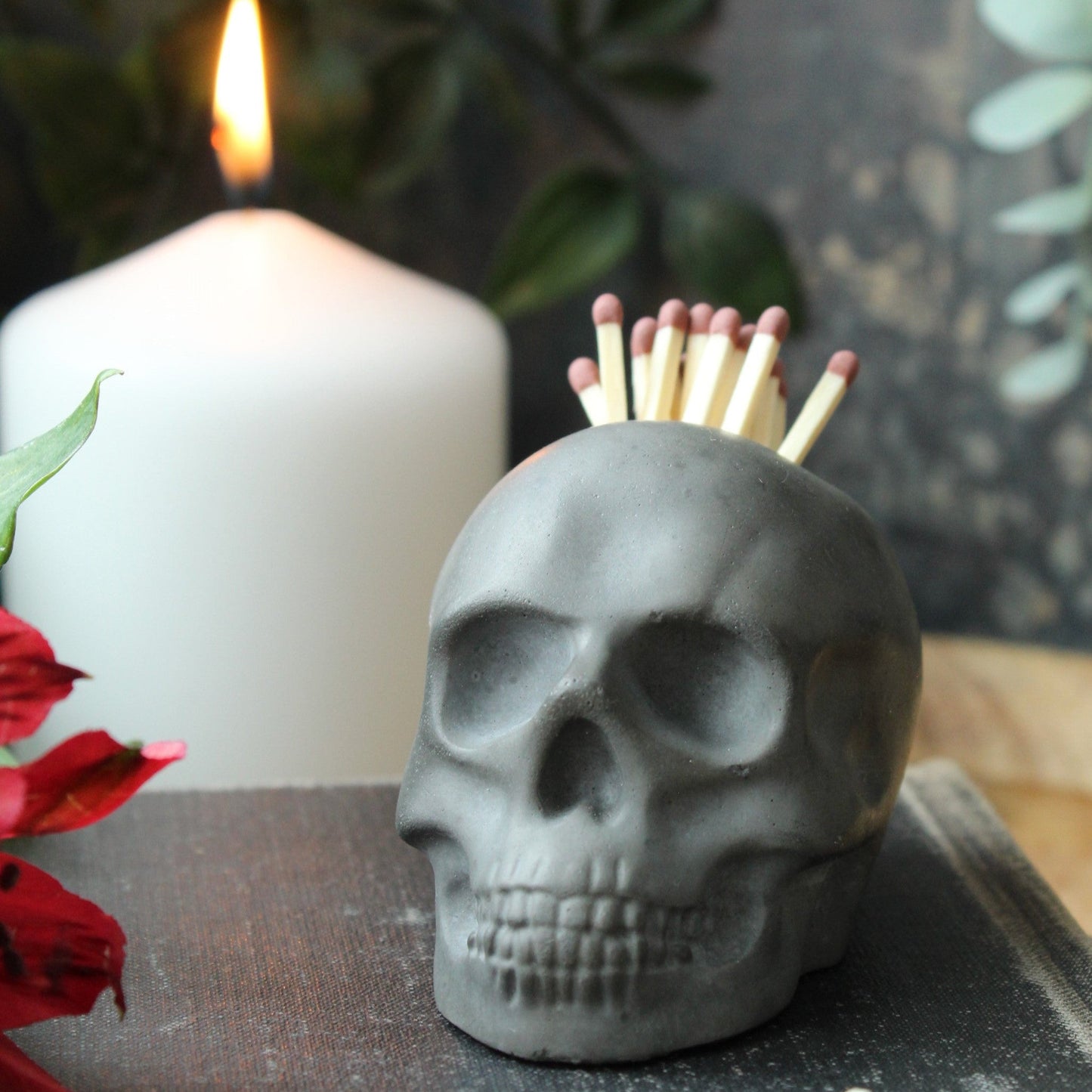 Skull Match Holder – Cast Stone Match & Striker Pot