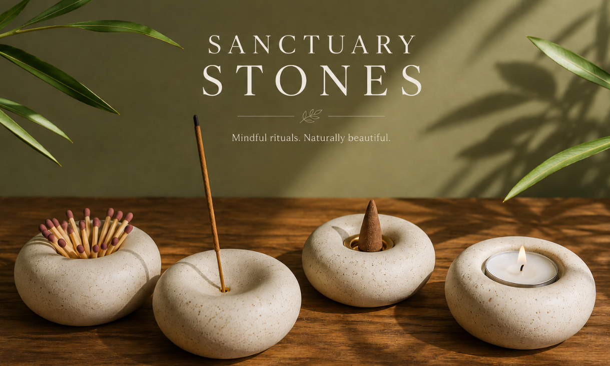 Set of stone incense holders with matches and a candle on a wooden surface, labeled 'Sanctuary Stones'.