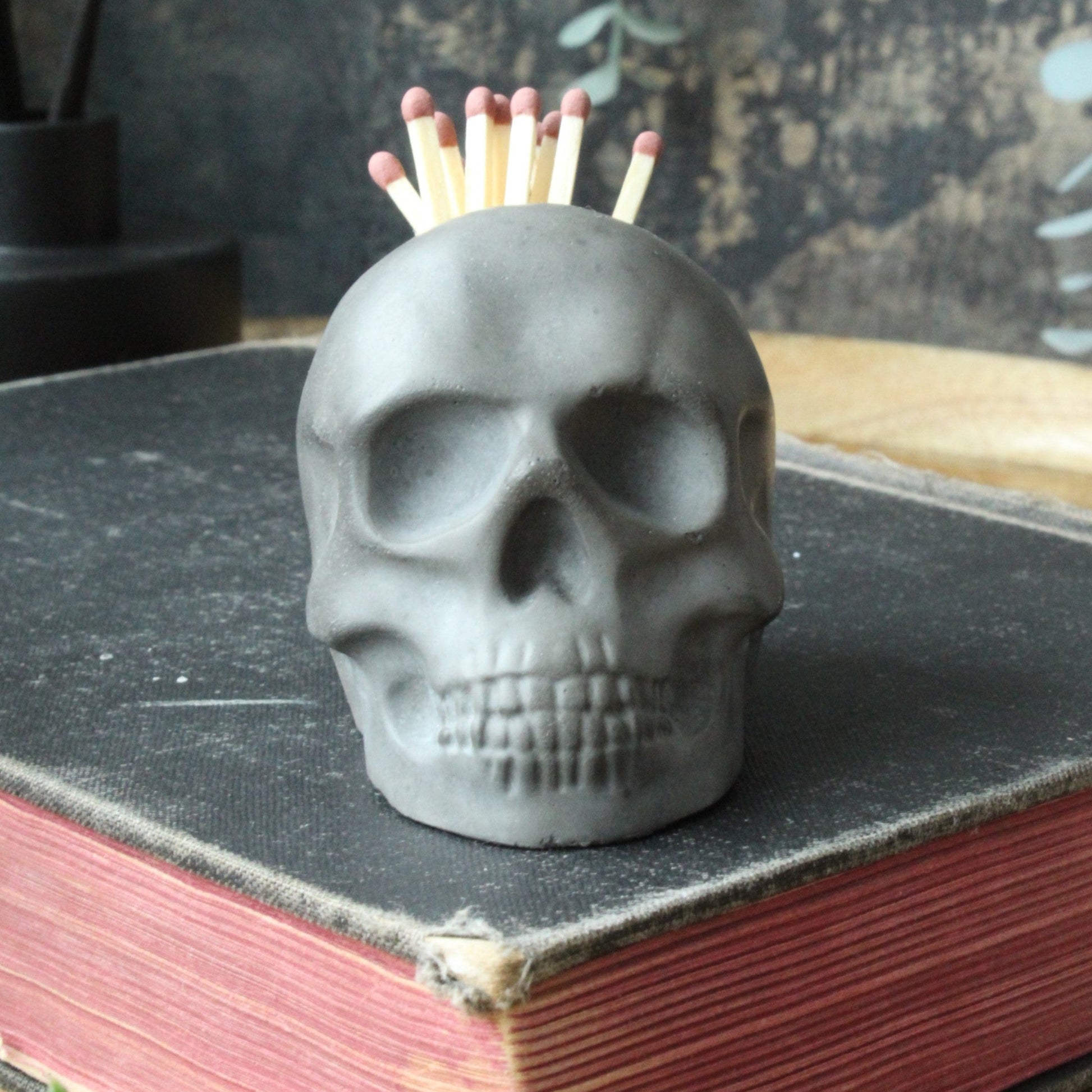 Skull Match Holder – handmade cast stone match striker – fire ritual gothic decor