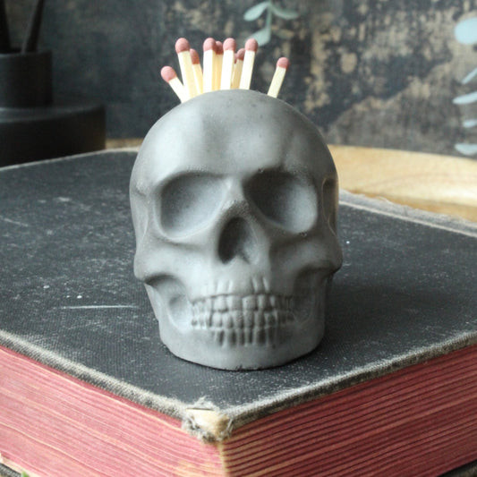 Skull Match Holder – handmade cast stone match striker – fire ritual gothic decor